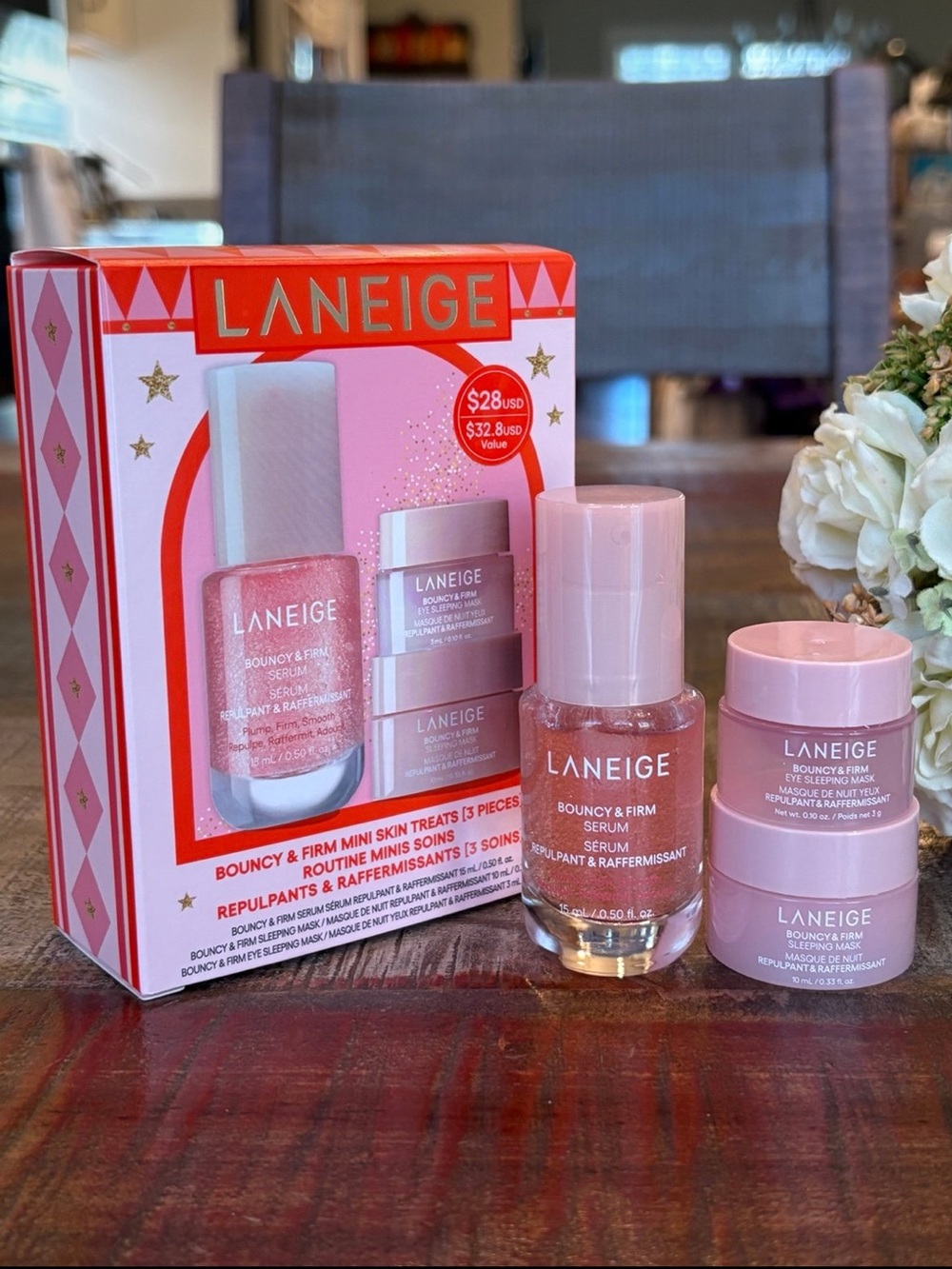 NEW Laneige BOUNCY & FIRM 3-Piece Set: SERUM, SLEEPING MASK & EYE SLEEPING MASK!